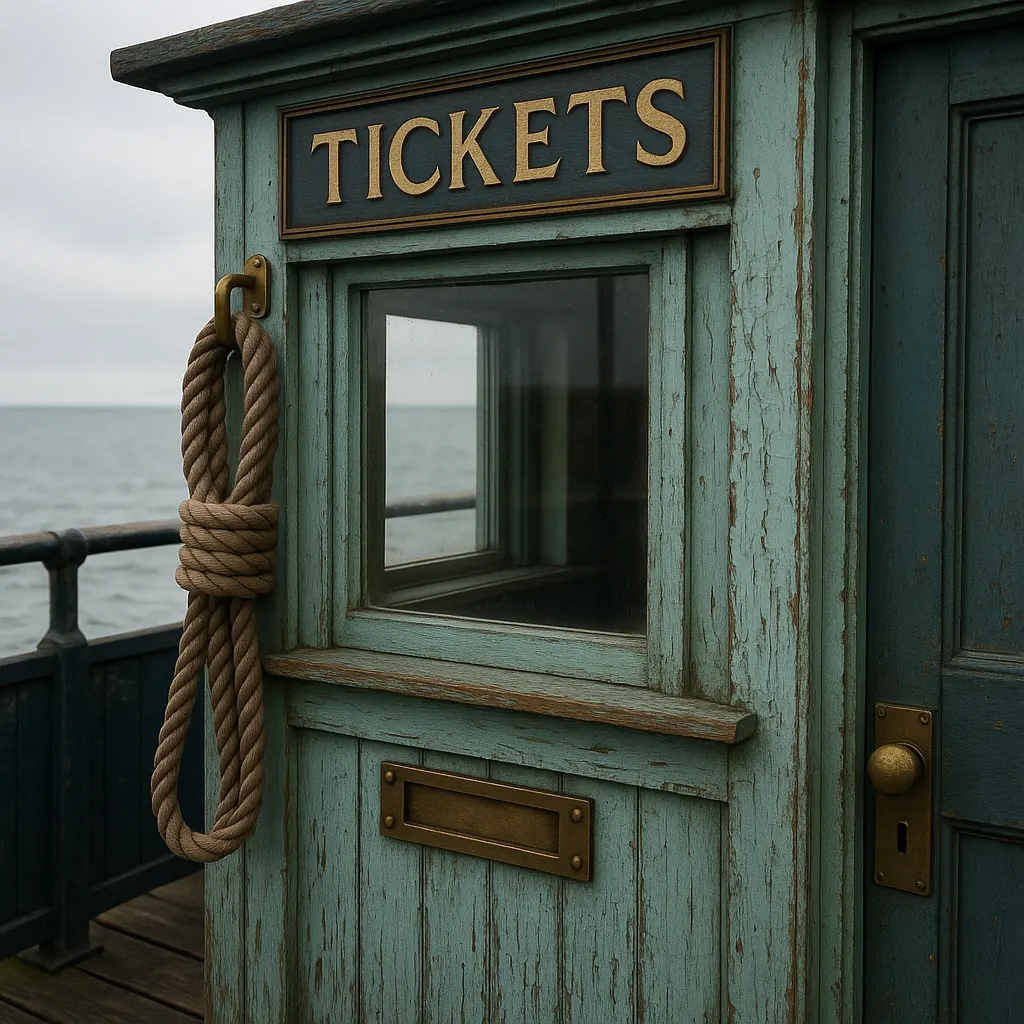 Harbour ticket booth with seafoam paint and brass fittings