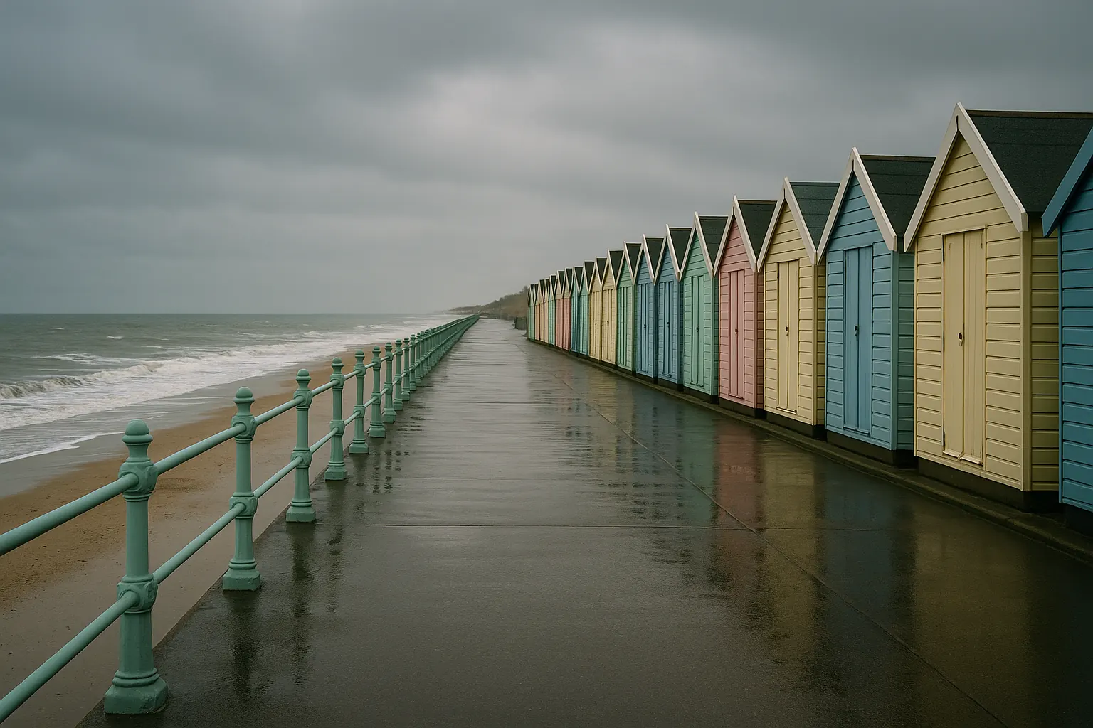 UK coastal promenade with pastel beach huts