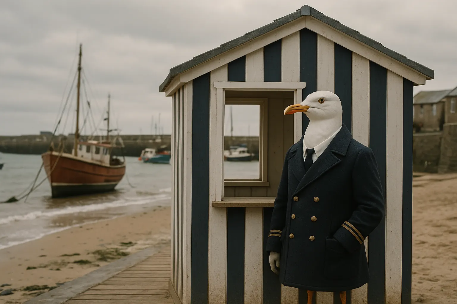 British harbour kiosk with a seagull captain